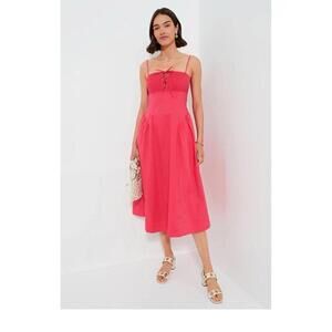 Pink Lace-Up Smocked Midi Dress